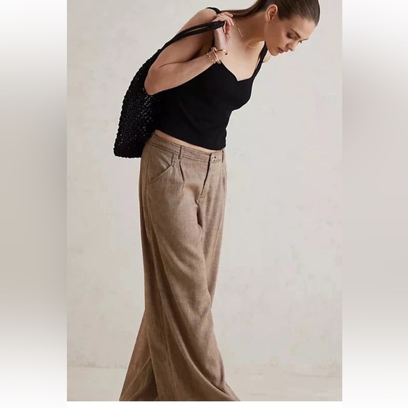 Anthropologie Linen Low Rise Wide Leg Pants Tan Size 14 - Picture 13 of 15